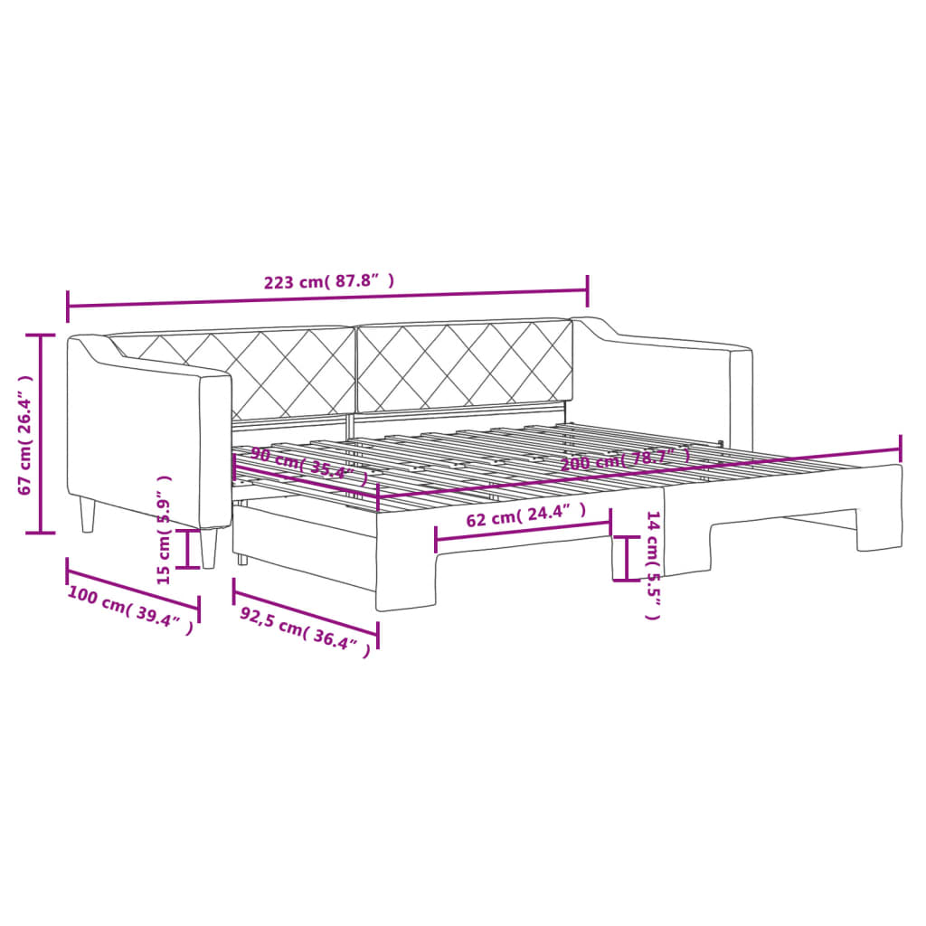 daybed med udtræk 90x200 cm stof lysegrå