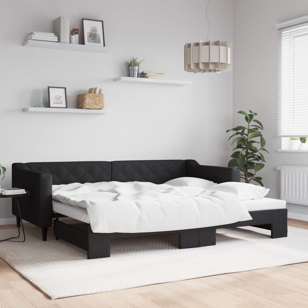 Daybed med udtræk 90×200 cm - stof, sort