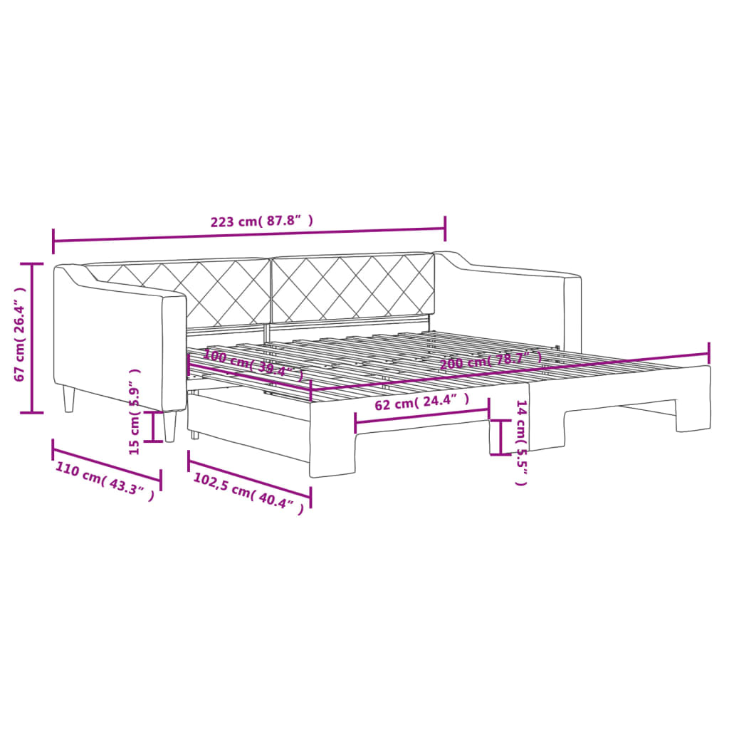 daybed med udtræk 100x200 cm stof cremefarvet