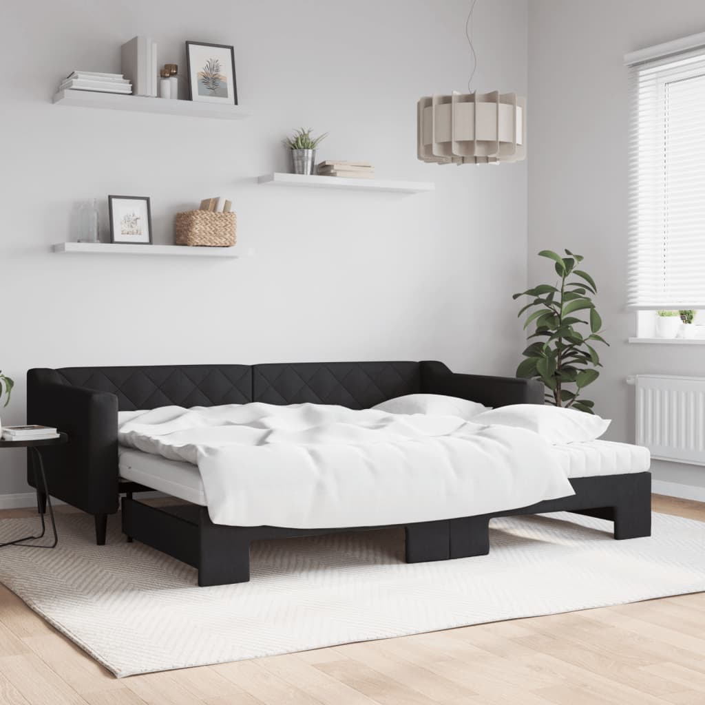 daybed med udtræk og madras 90x200 cm stof sort
