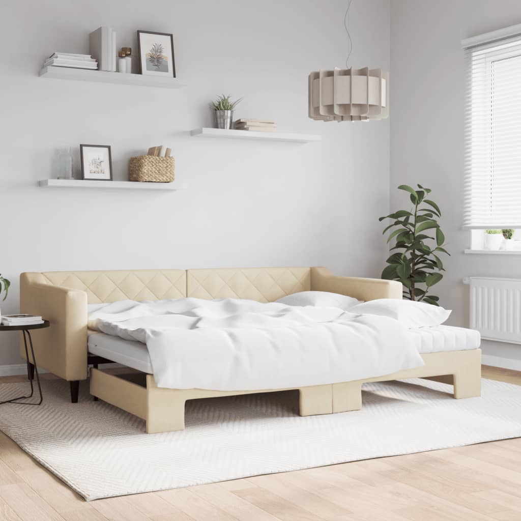 daybed med udtræk og madras 90x200 cm stof cremefarvet