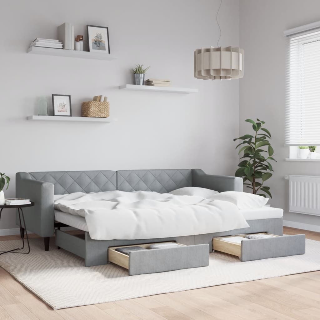 Daybed med udtræk og skuffer 80×200 cm - stof, lysegrå