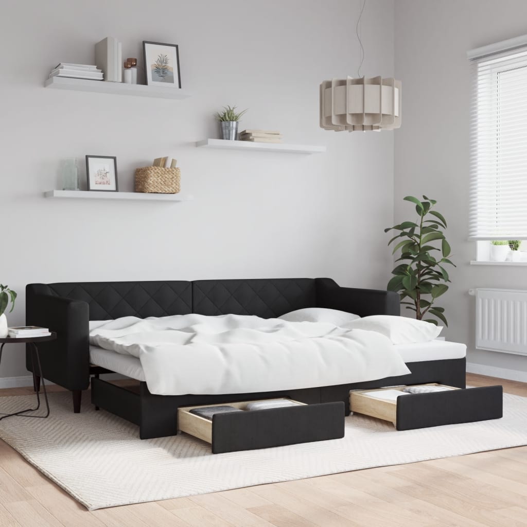 daybed med udtræk og skuffer 80x200 cm stof sort