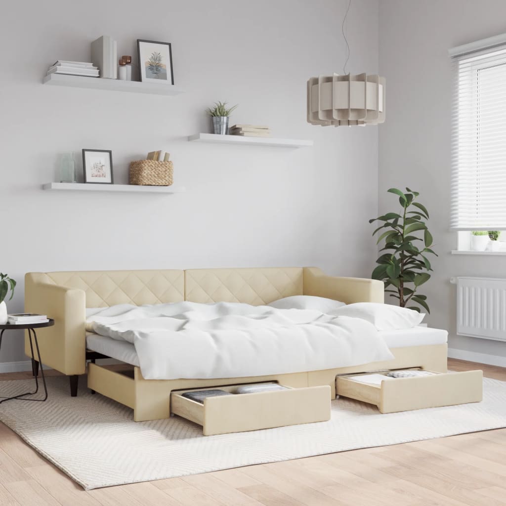 Daybed med udtræk og skuffer 80×200 cm - stof, cremefarvet