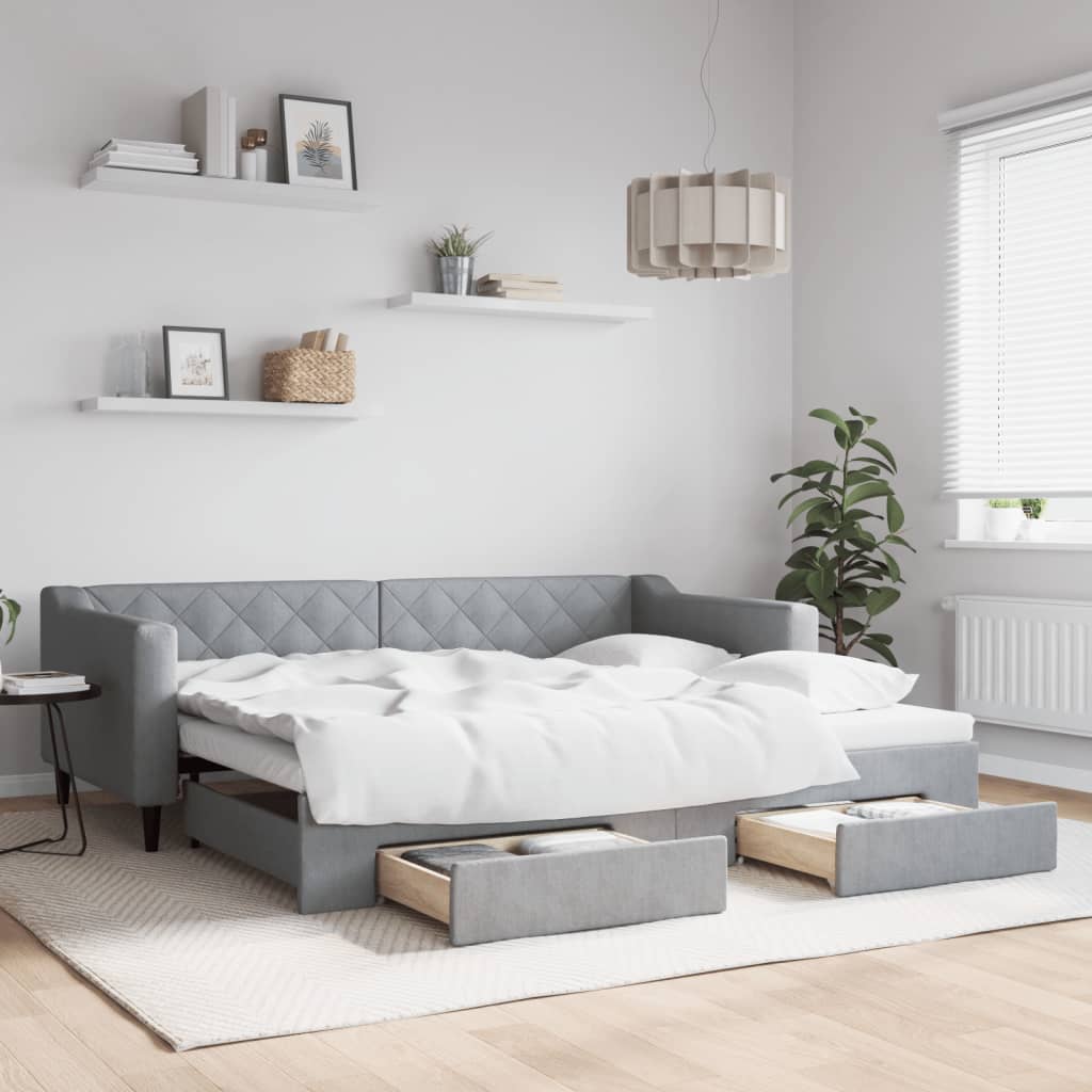 daybed med udtræk og skuffer 90x200 cm stof lysegrå