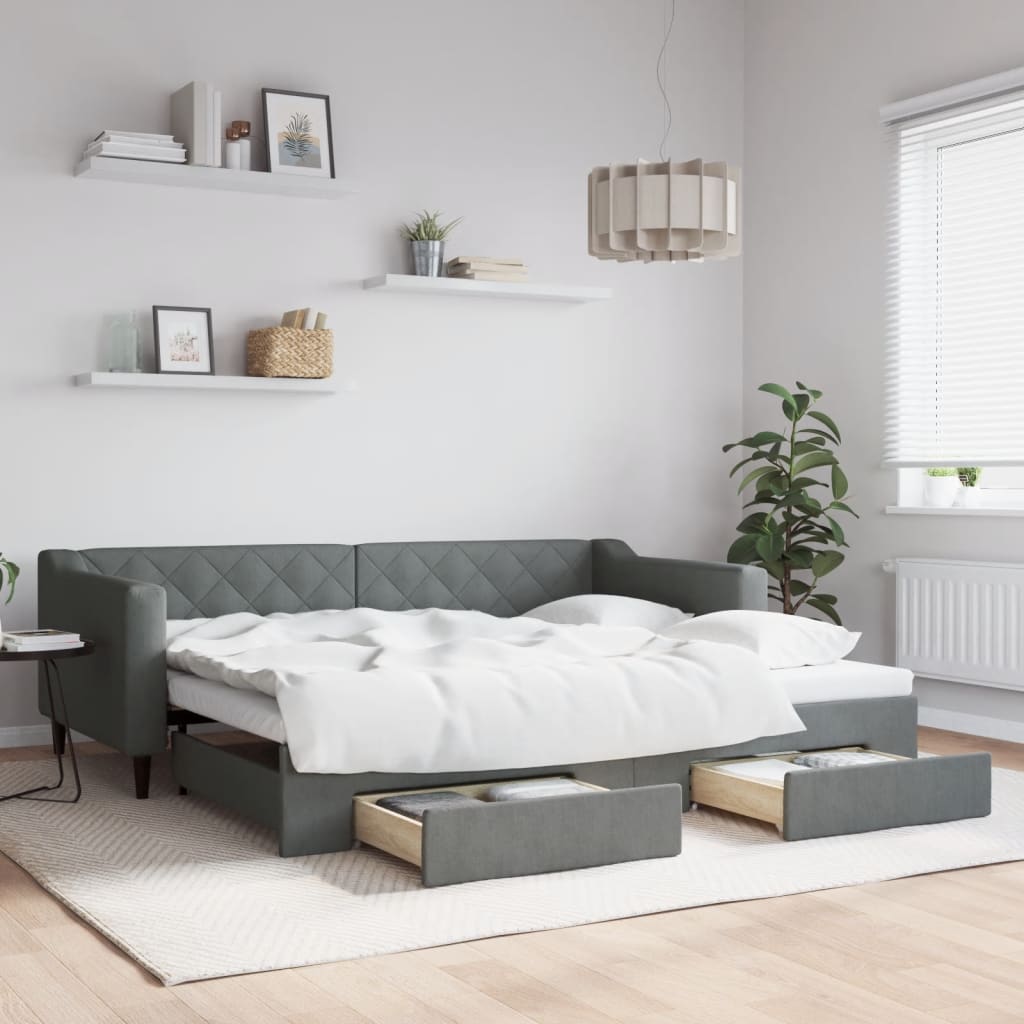 daybed med udtræk og skuffer 90x200 cm stof mørkegrå