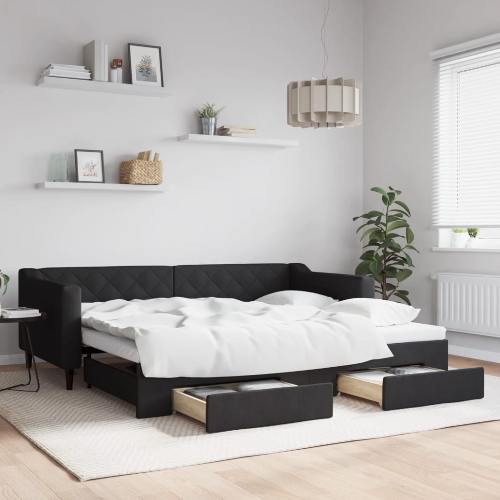 daybed med udtræk og skuffer 80x200 cm stof sort
