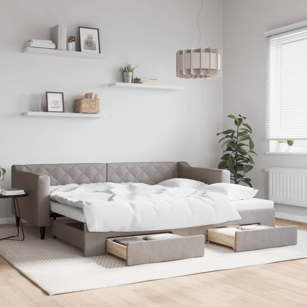 daybed med udtræk og skuffer 90x200 cm stof gråbrun