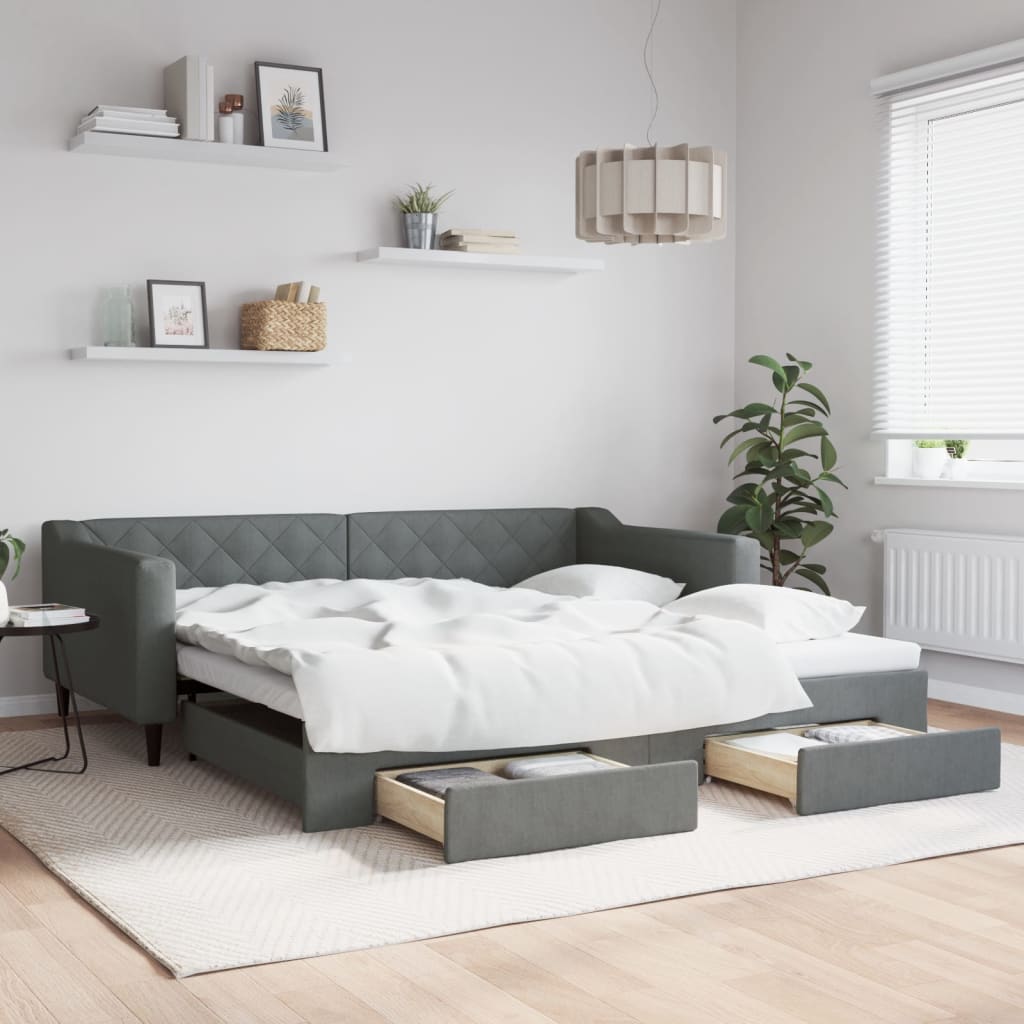 daybed med udtræk og skuffer 100x200 cm stof mørkegrå