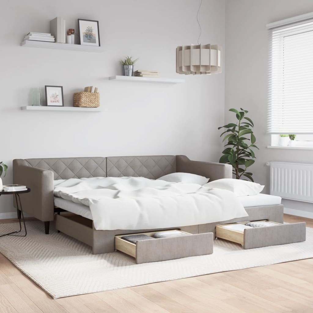 daybed med udtræk og skuffer 100x200 cm stof gråbrun