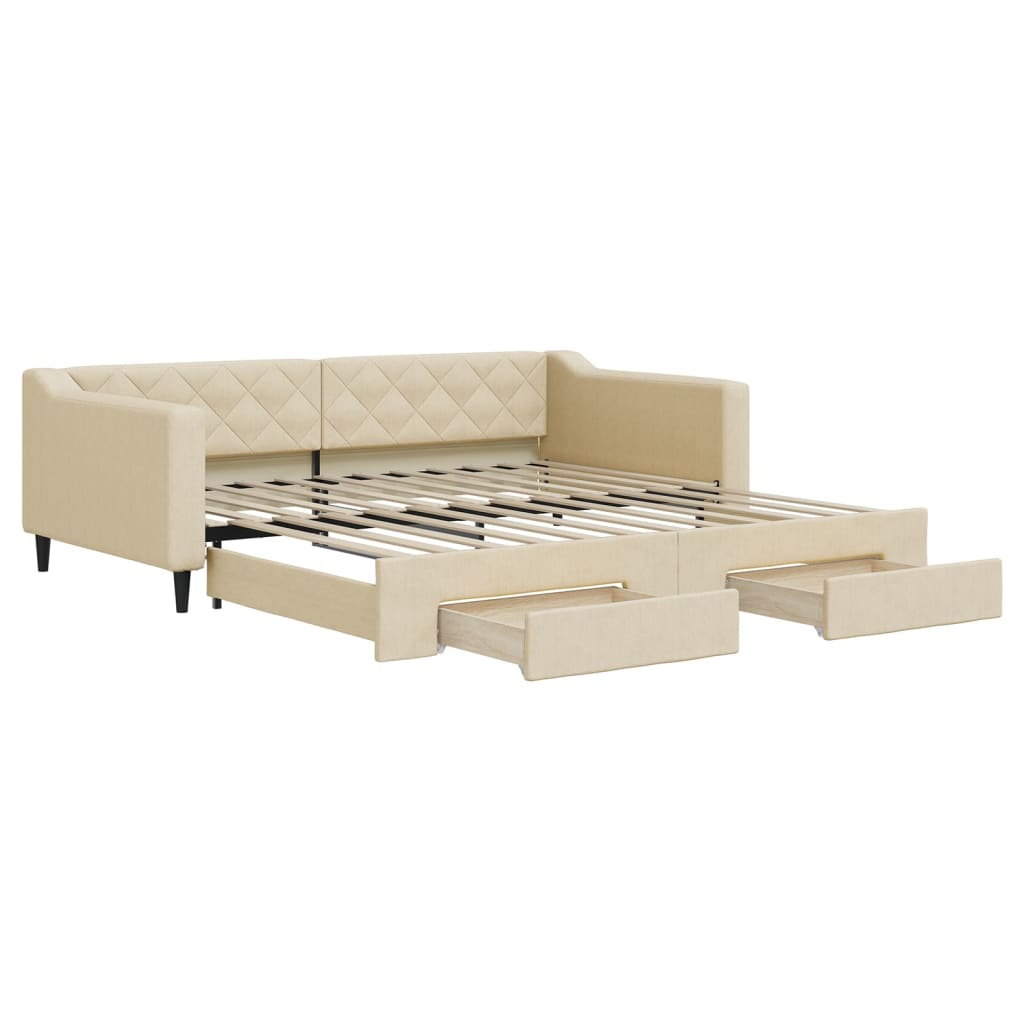 daybed med udtræk og skuffer 100x200 cm stof cremefarvet