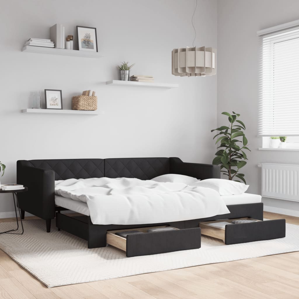 daybed med udtræk og skuffer 90x190 cm stof sort