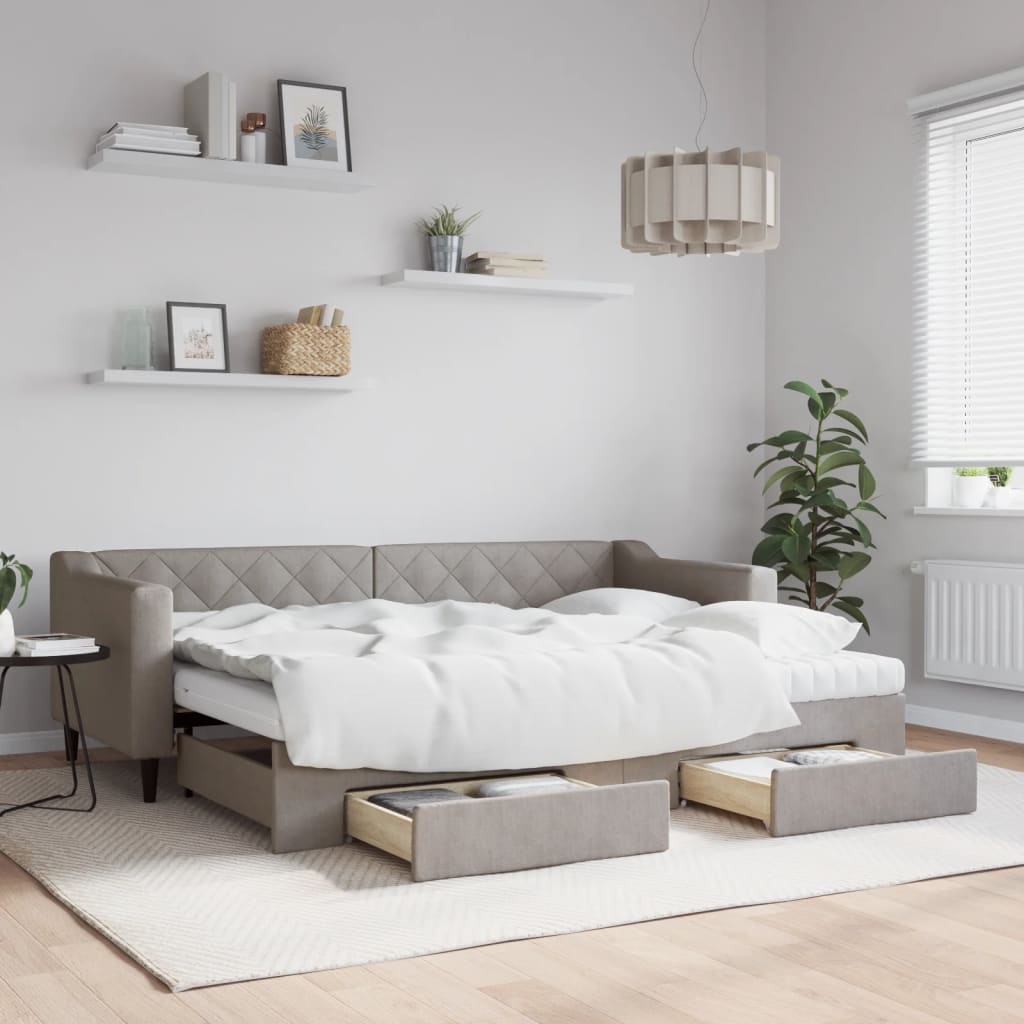 daybed med udtræk og skuffer 80x200 cm stof gråbrun