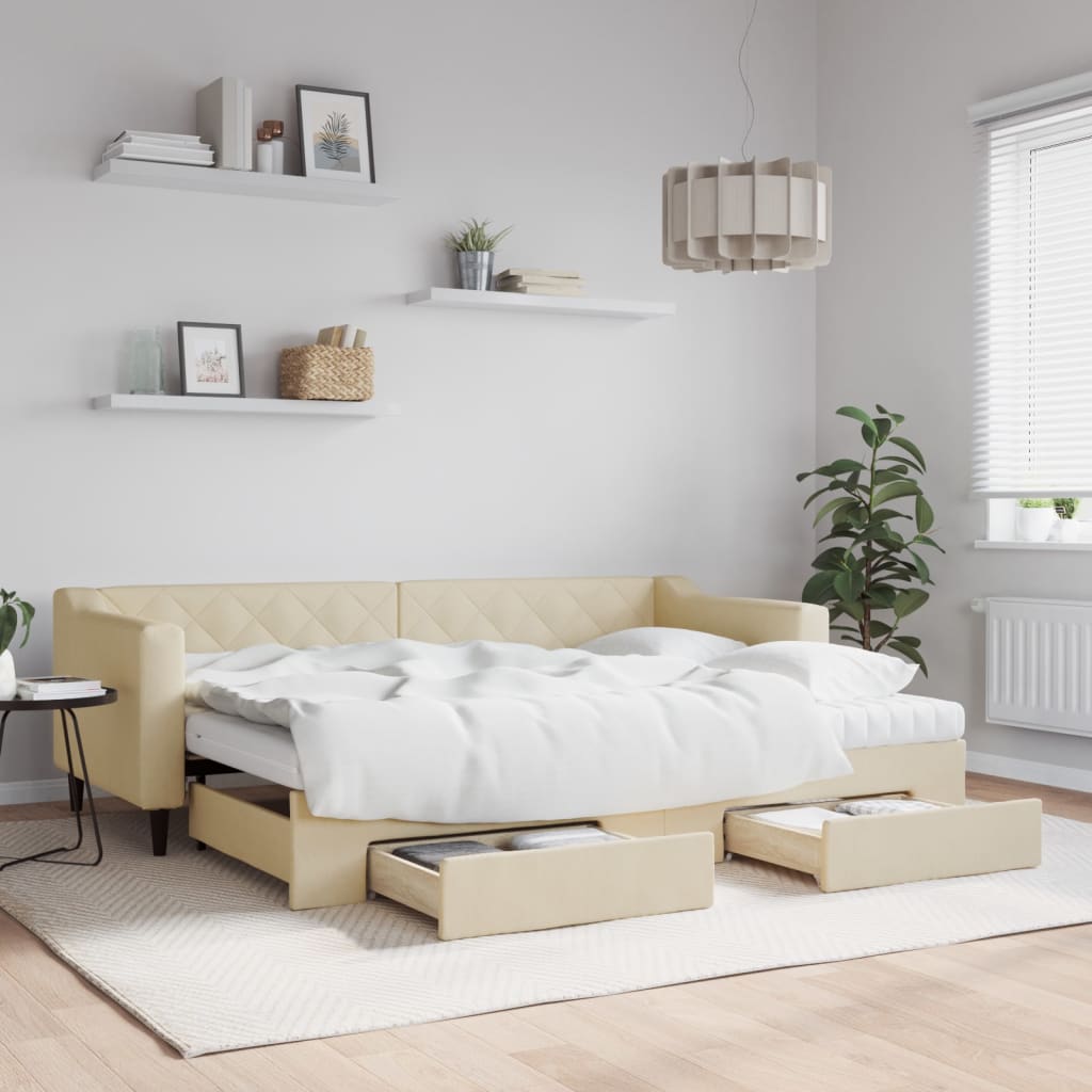 daybed med udtræk og skuffer 80x200 cm stof cremefarvet