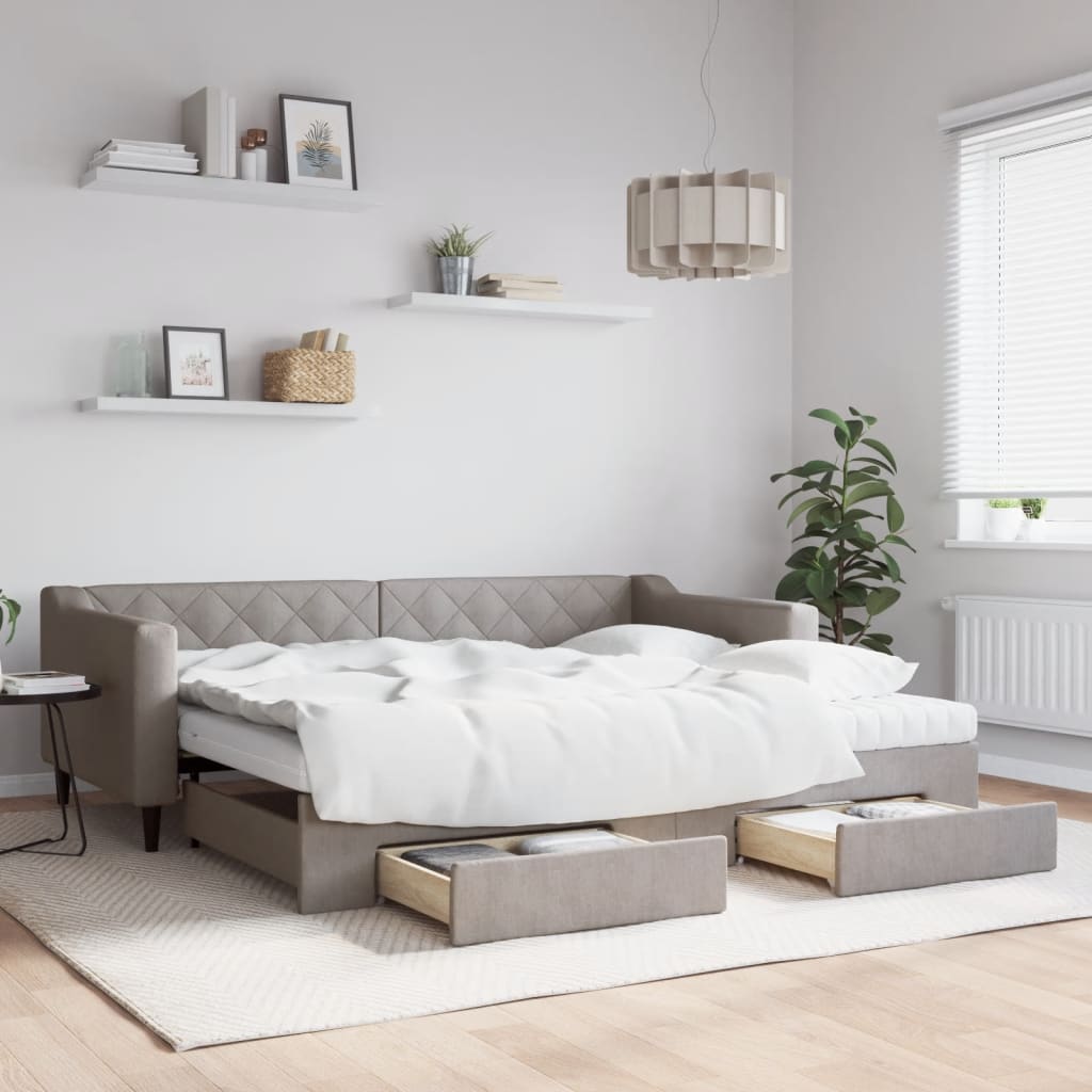 daybed med udtræk og skuffer 90x200 cm stof gråbrun