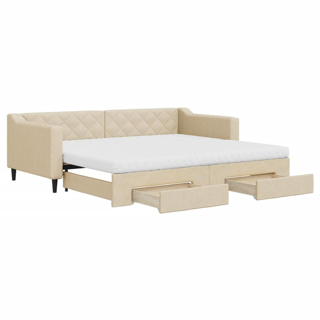 daybed med udtræk og skuffer 90x200 cm stof cremefarvet