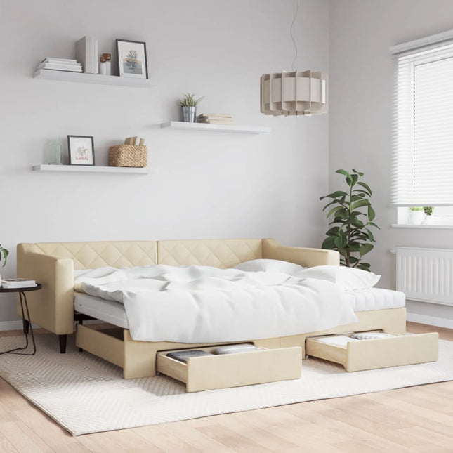 daybed med udtræk og skuffer 90x200 cm stof cremefarvet