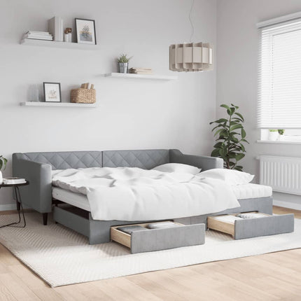 daybed med udtræk og skuffer 100x200 cm stof lysegrå