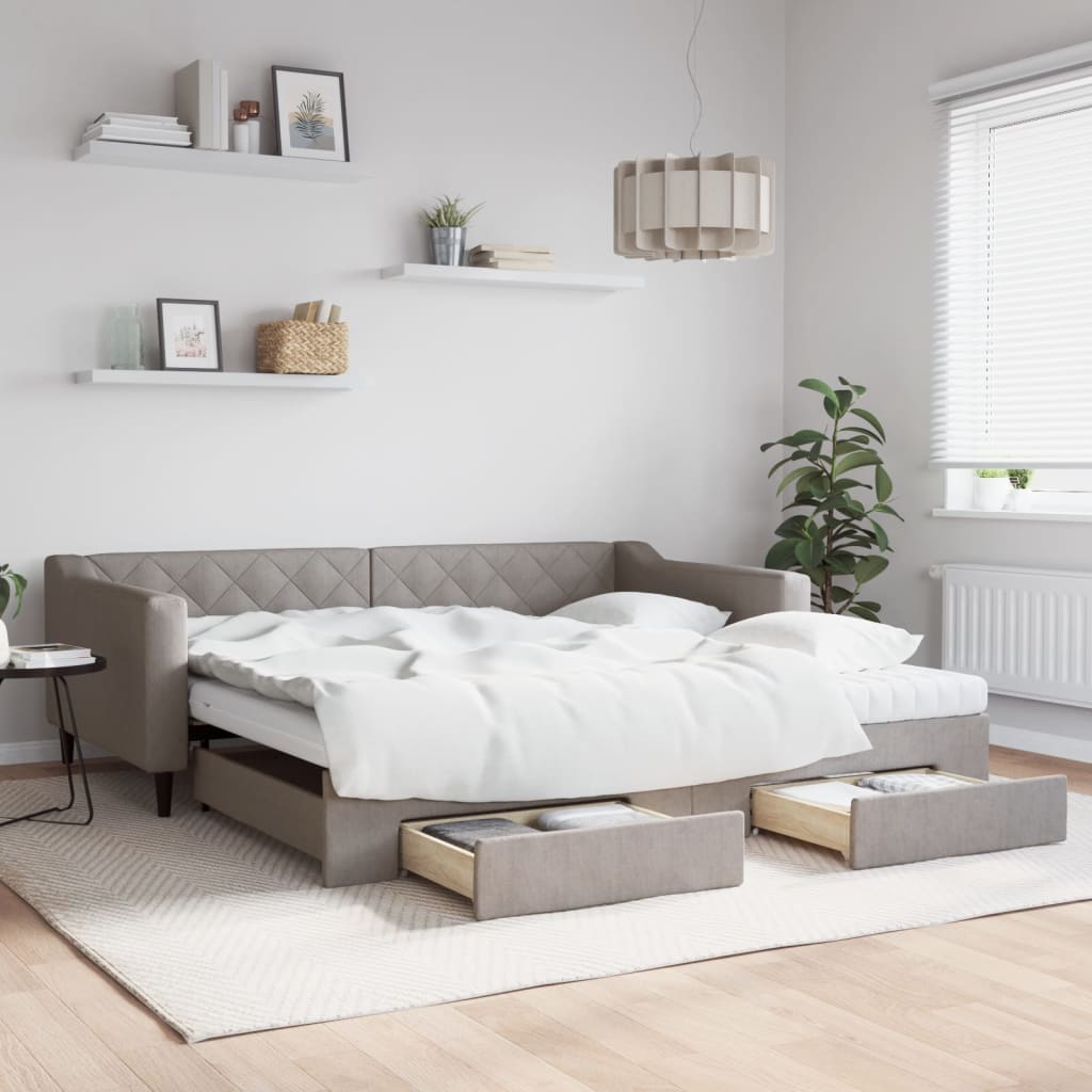 daybed med udtræk og skuffer 100x200 cm stof gråbrun