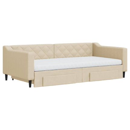 daybed med udtræk og skuffer 100x200 cm stof cremefarvet