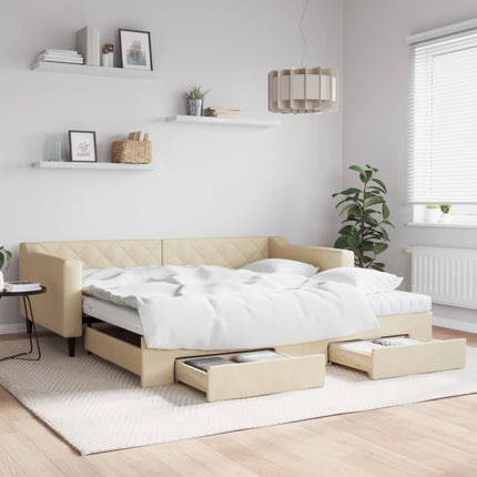 daybed med udtræk og skuffer 100x200 cm stof cremefarvet