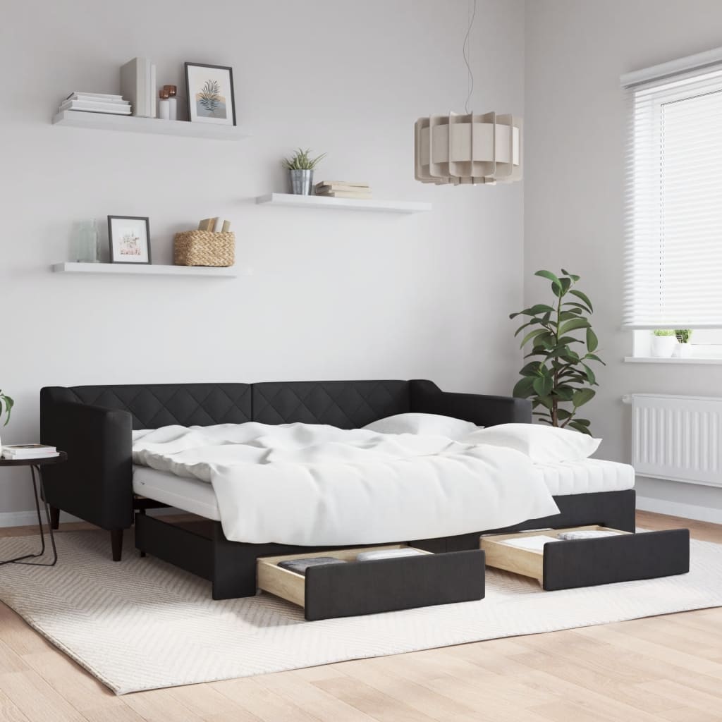 daybed med udtræk og skuffer 90x190 cm stof sort billede