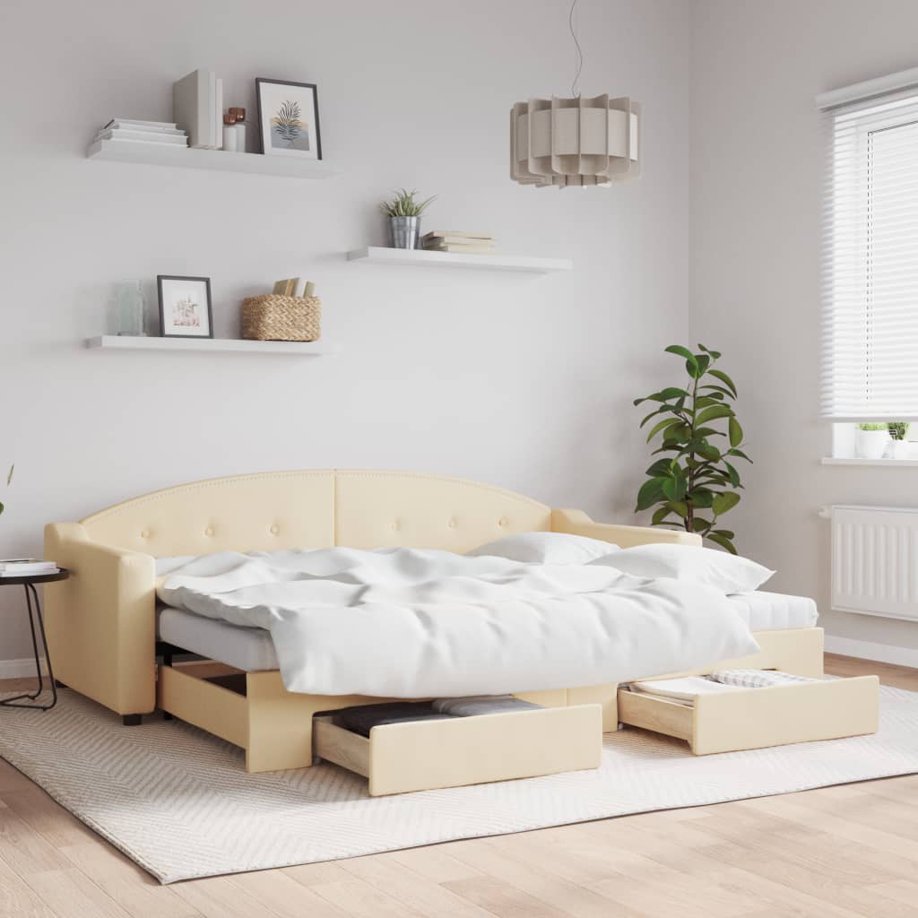 Daybed med udtræk og skuffer 80×200 cm - stof, cremefarvet