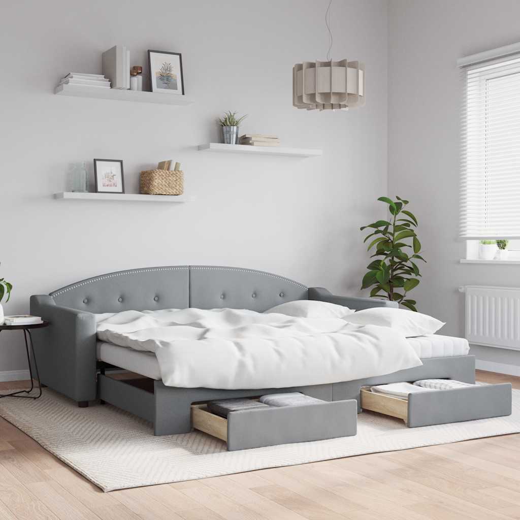 Daybed Stof Lysegrå - med udtræk og skuffe / 90 x 200 cm