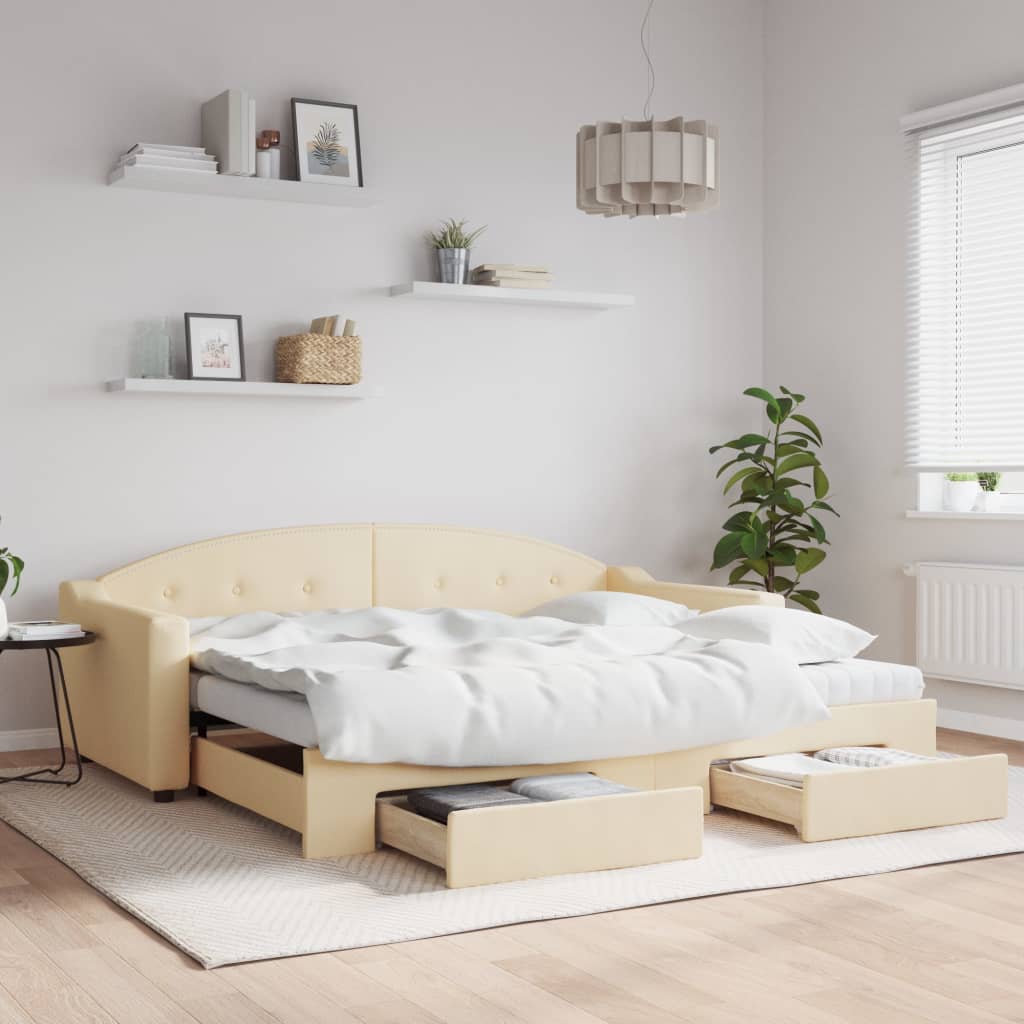 Daybed Stof Farvet Creme - med udtræk og skuffe / 90 x 200 cm