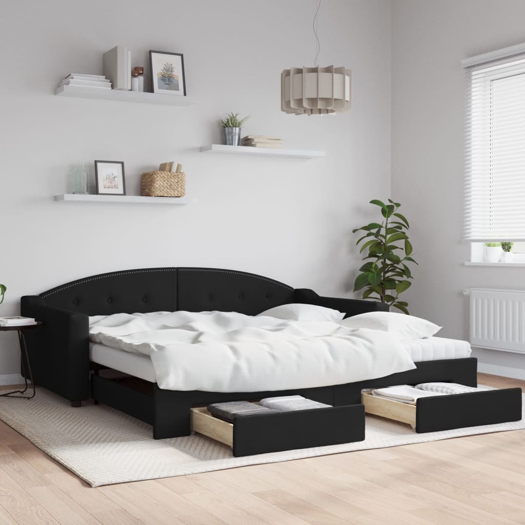daybed med udtræk og skuffer 100x200 cm stof sort