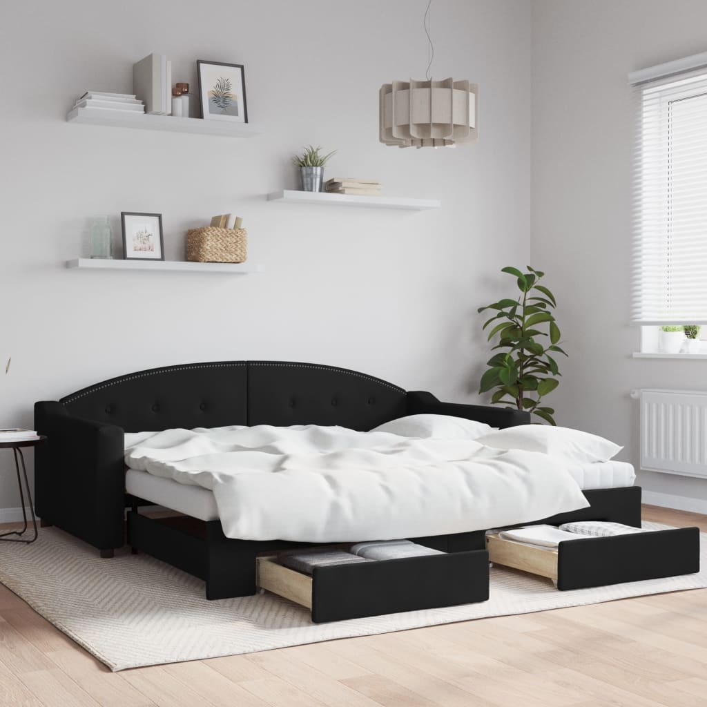daybed med udtræk og skuffer 90x190 cm stof sort