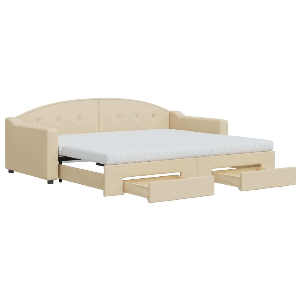 daybed med udtræk og skuffer 90x200 cm stof cremefarvet