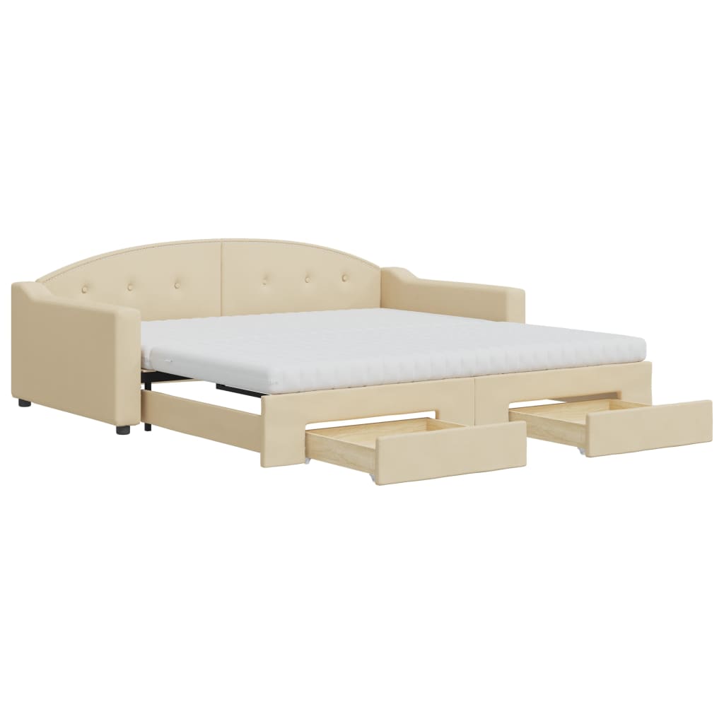 daybed med udtræk og skuffer 100x200 cm stof cremefarvet
