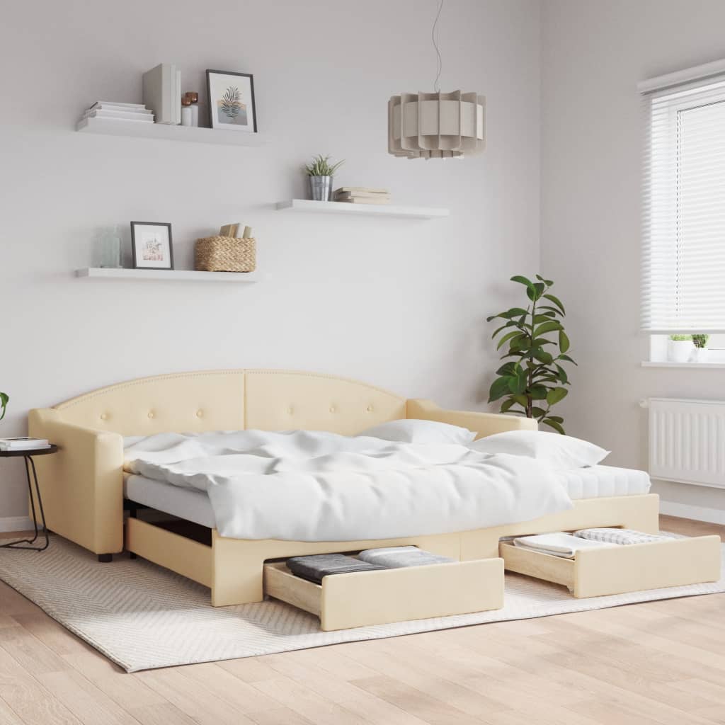 daybed med udtræk og skuffer 100x200 cm stof cremefarvet