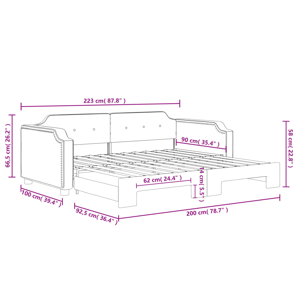 daybed med udtræk 90x200 cm stof lysegrå