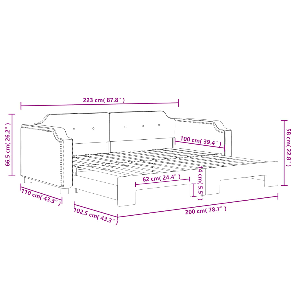 daybed med udtræk 100x200 cm stof lysegrå
