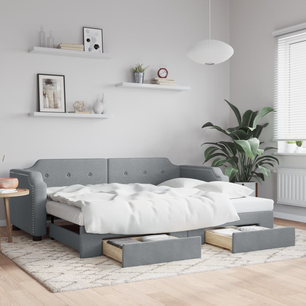 daybed med udtræk og skuffer 100x200 cm stof lysegrå