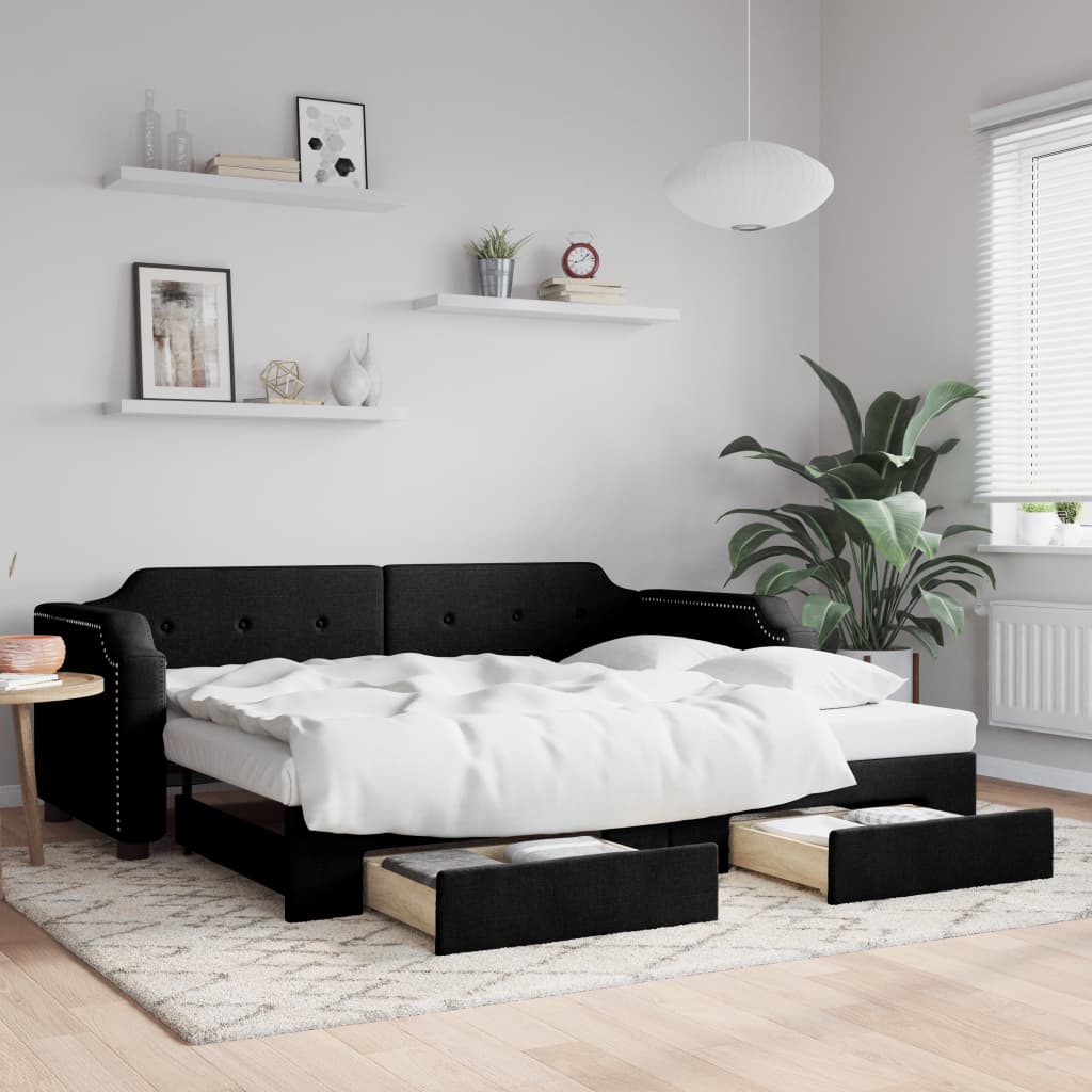 daybed med udtræk og skuffer 100x200 cm stof sort