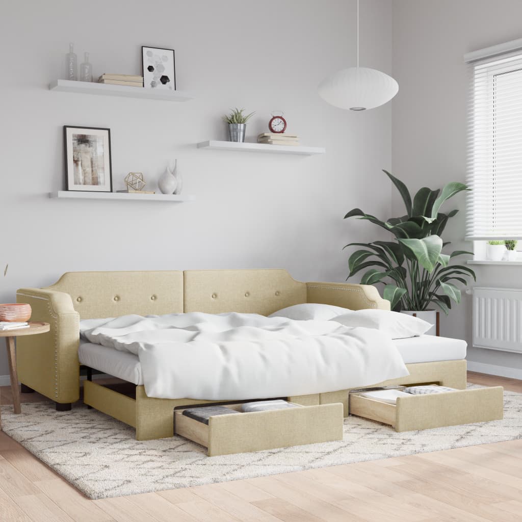 daybed med udtræk og skuffer 100x200 cm stof cremefarvet