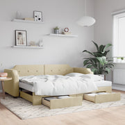 daybed med udtræk og skuffer 100x200 cm stof cremefarvet