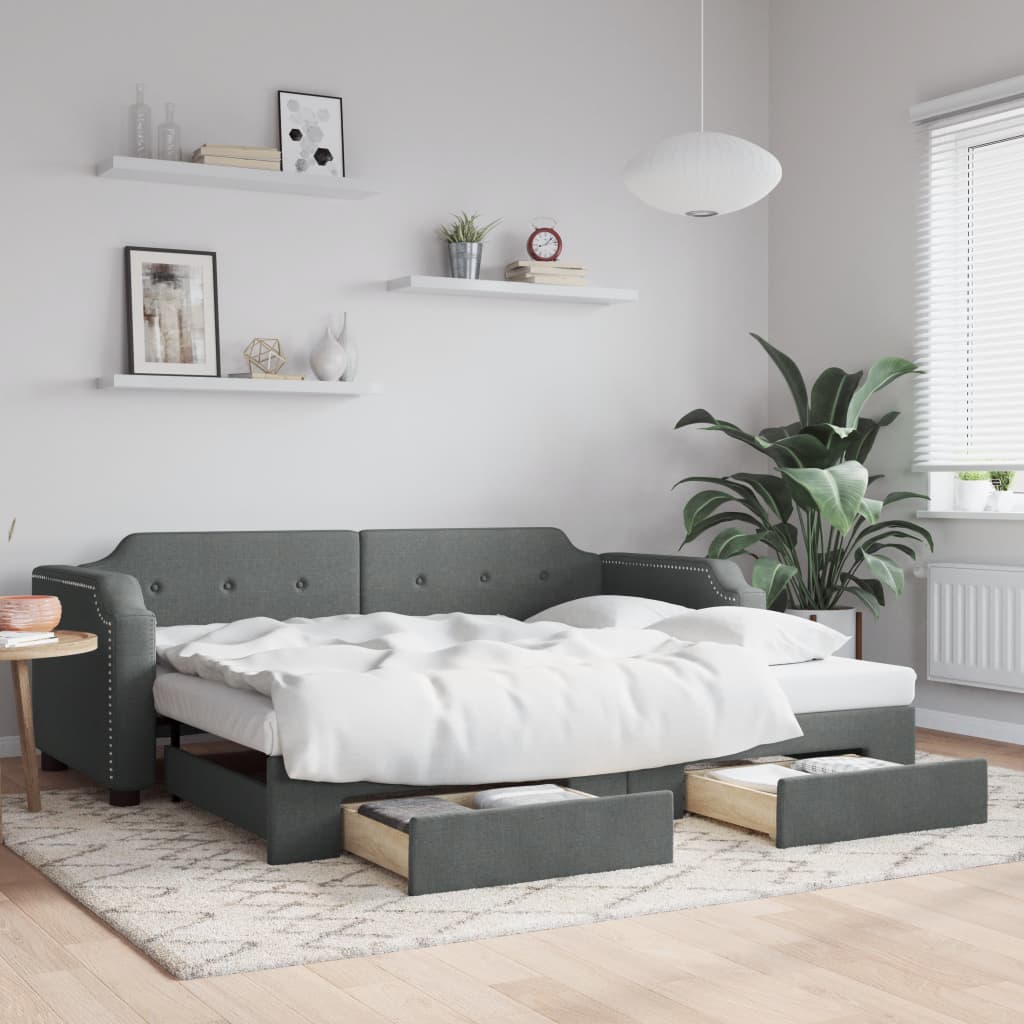 daybed med udtræk og skuffer 90x190 cm stof mørkegrå
