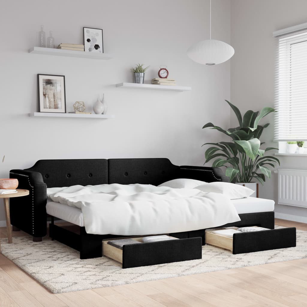 daybed med udtræk og skuffer 90x190 cm stof sort