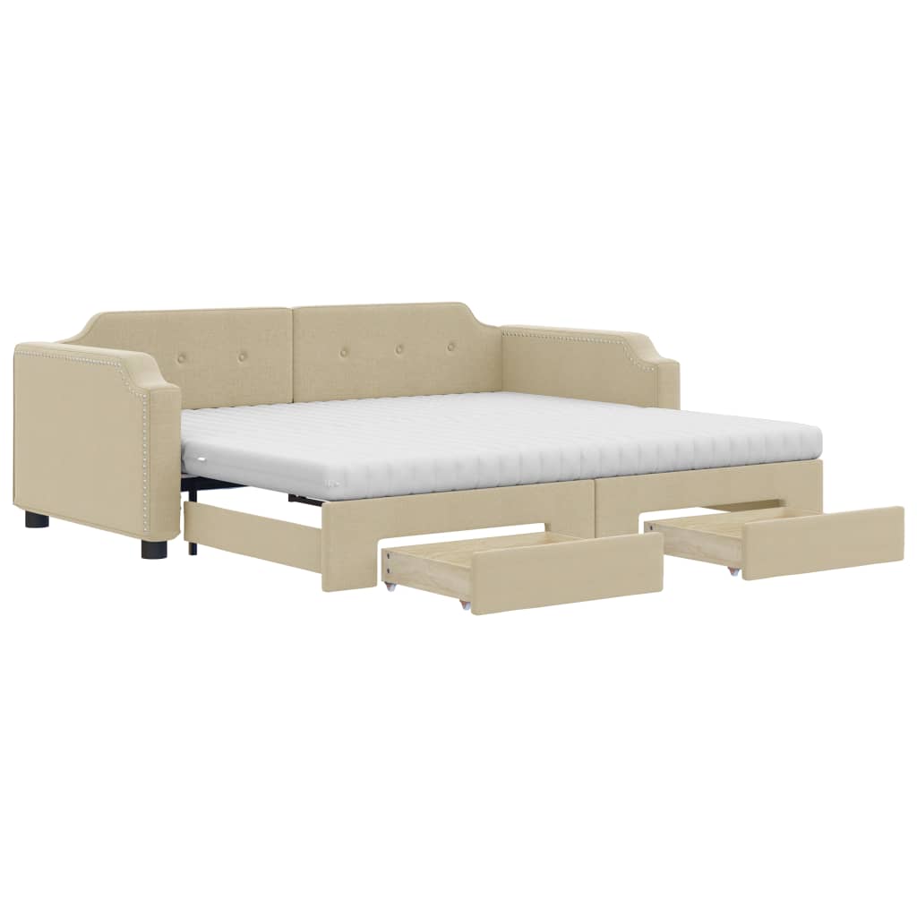 daybed med udtræk og skuffer 90x200 cm stof cremefarvet