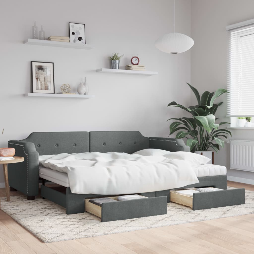daybed med udtræk og skuffer 100x200 cm stof mørkegrå