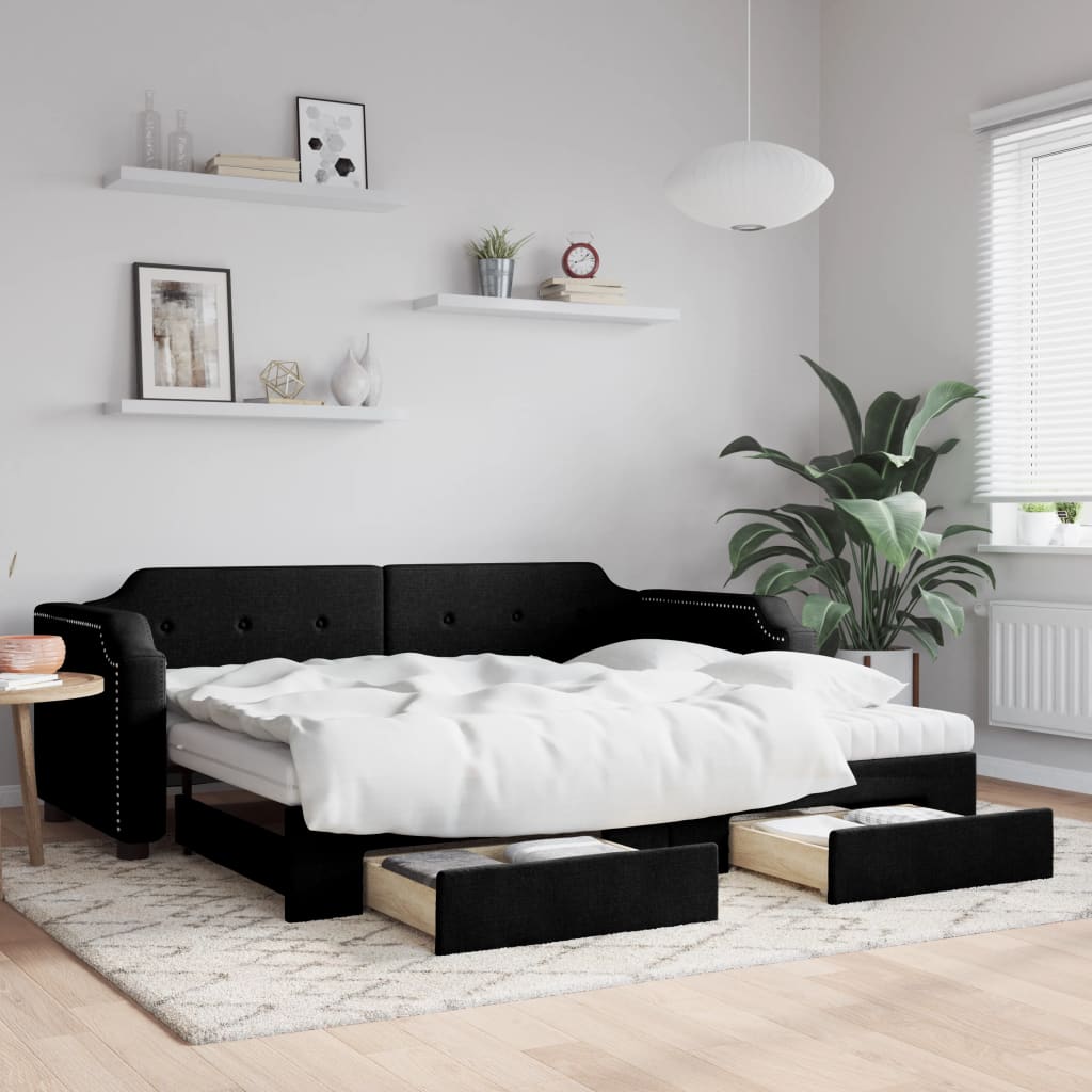 daybed med udtræk og skuffer 100x200 cm stof sort