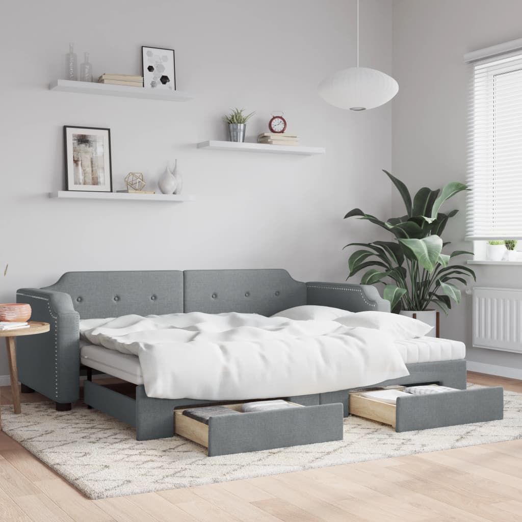 daybed med udtræk og skuffer 90x190 cm stof lysegrå billede