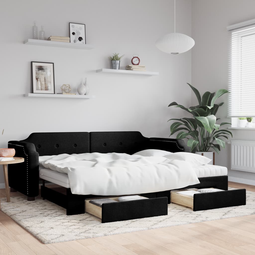 daybed med udtræk og skuffer 90x190 cm stof sort