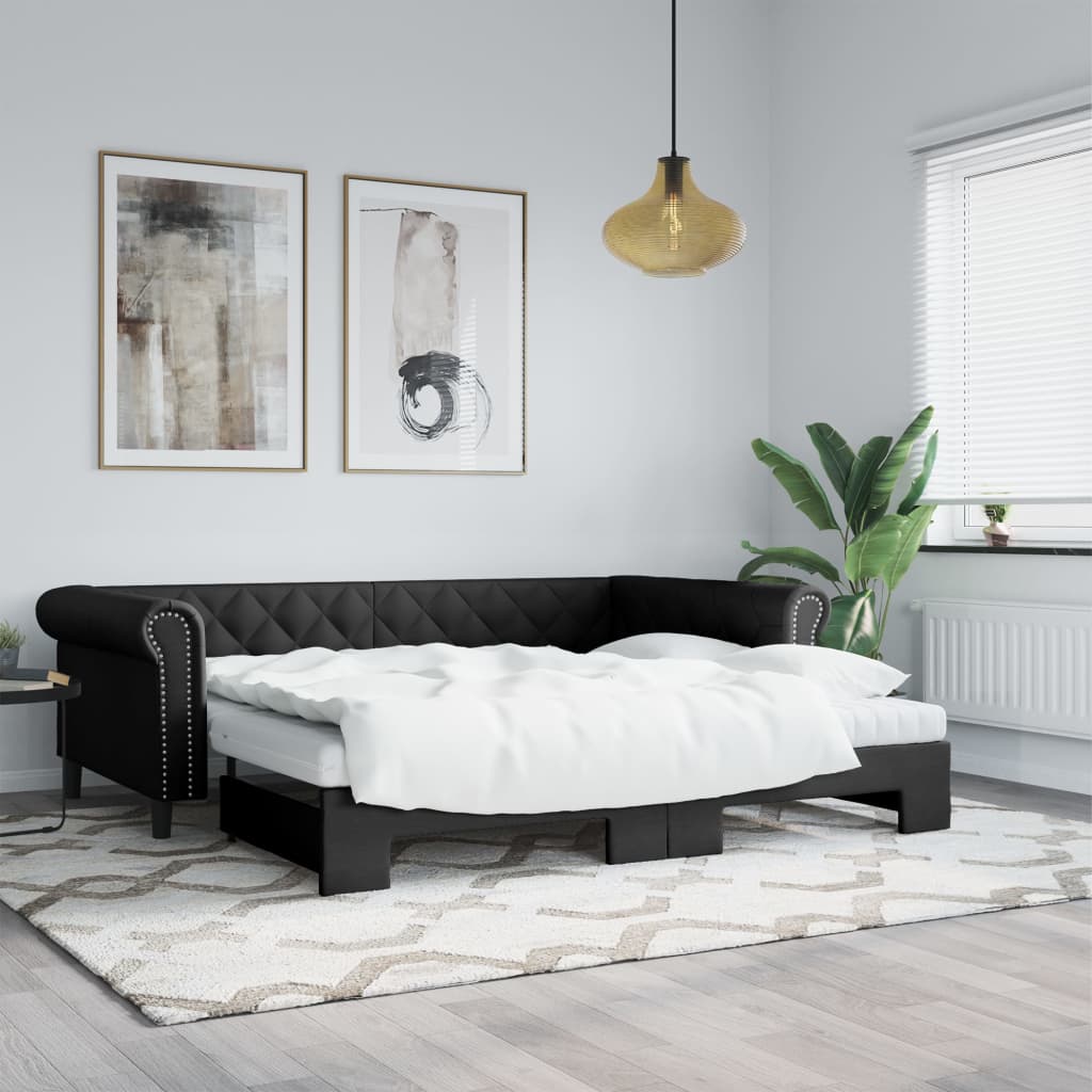 daybed med udtræk og madrasser 90x200 cm kunstlæder sort