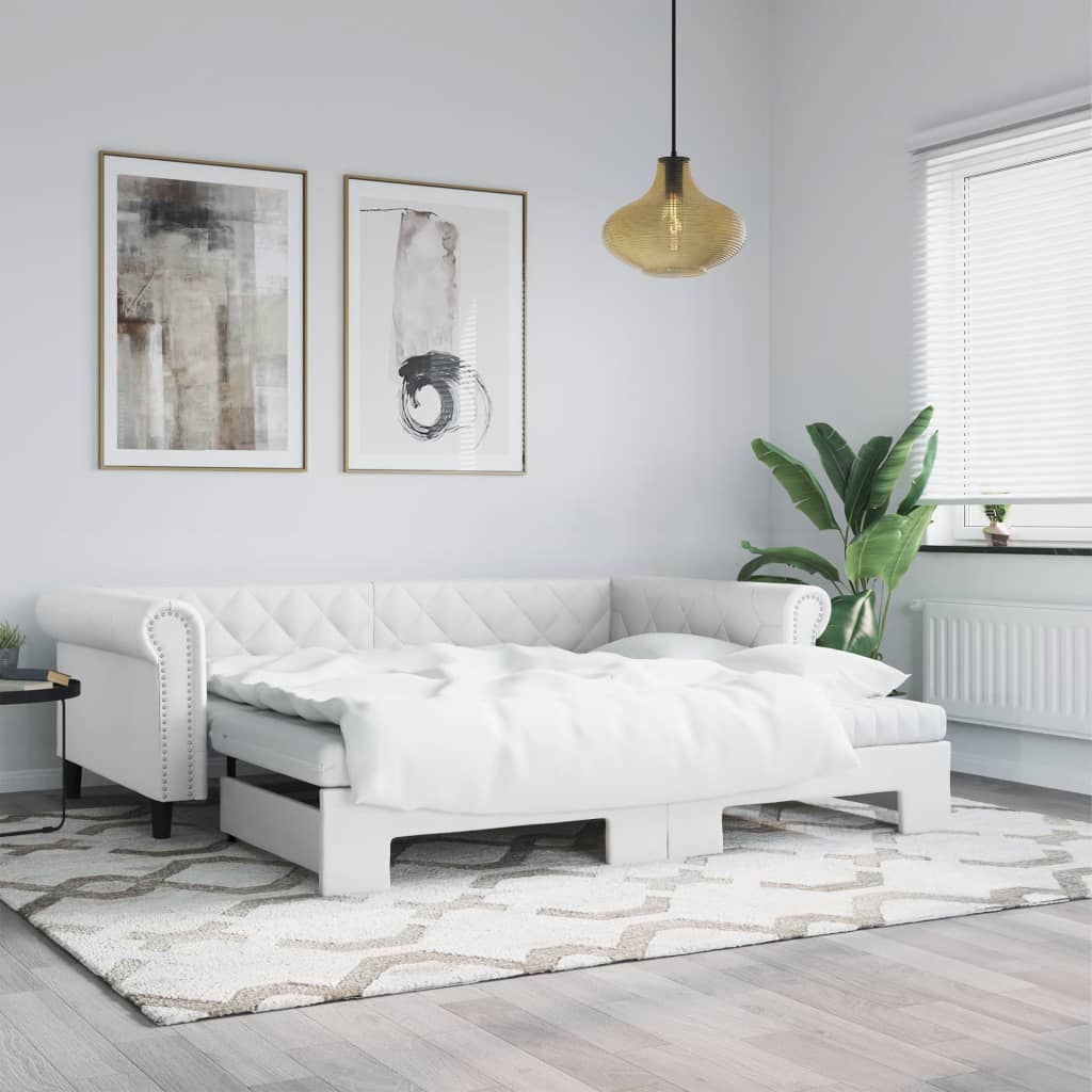 daybed med udtræk og madrasser 90x200 cm kunstlæder hvid