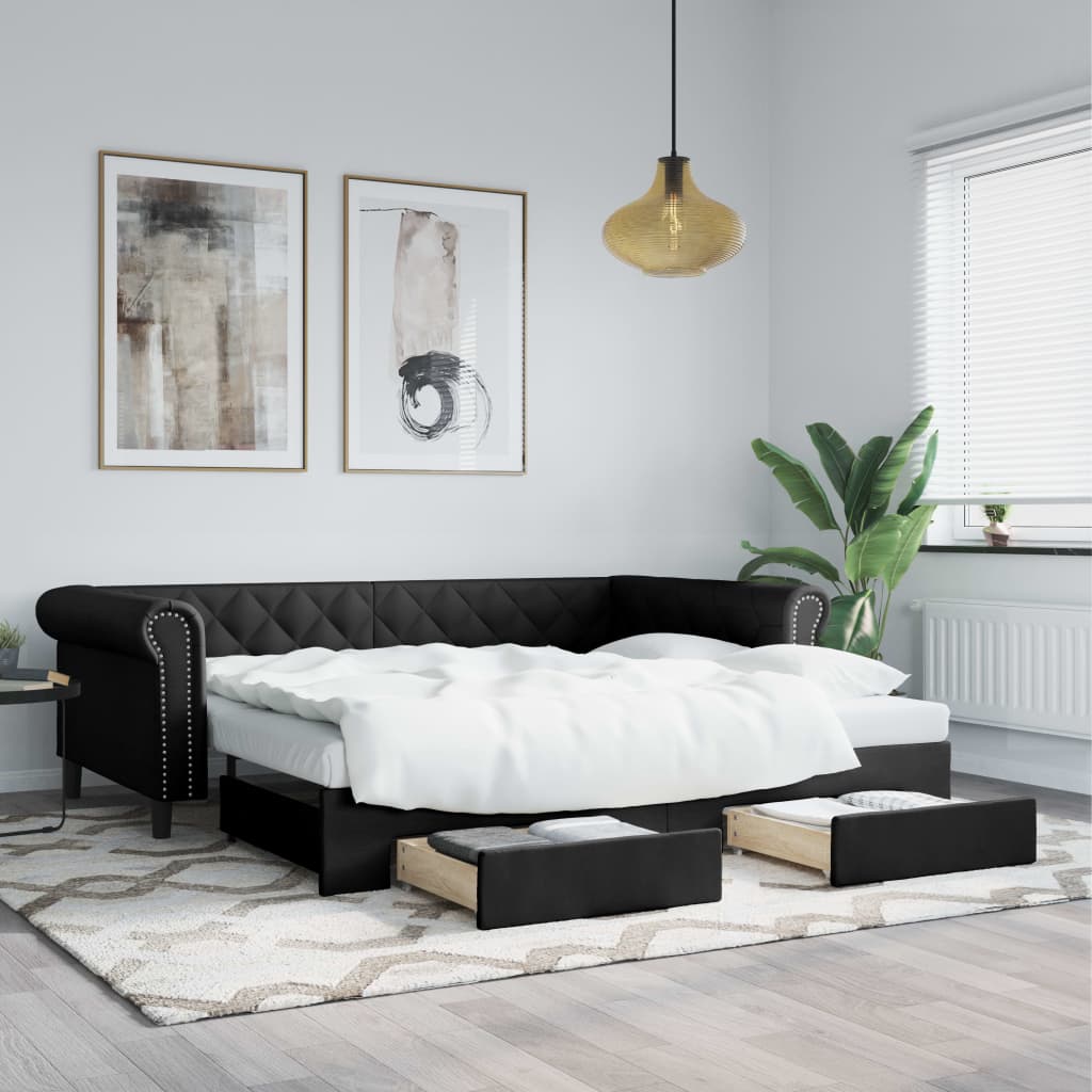 Daybed Kunstlæder - Sort / med udtræk og skuffe / 90 x 200 cm